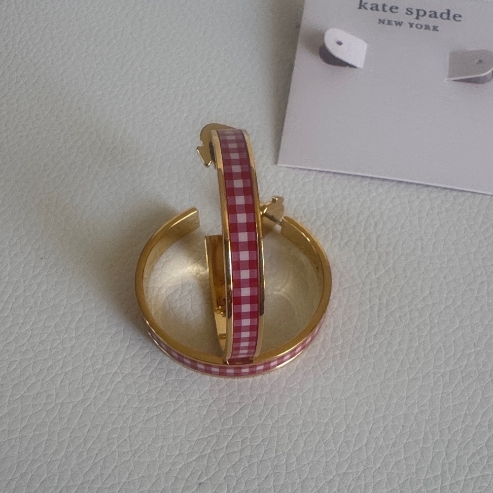 Kate Spade Gold and Pink Checkered Hoop Earrings - Picture 1 of 12